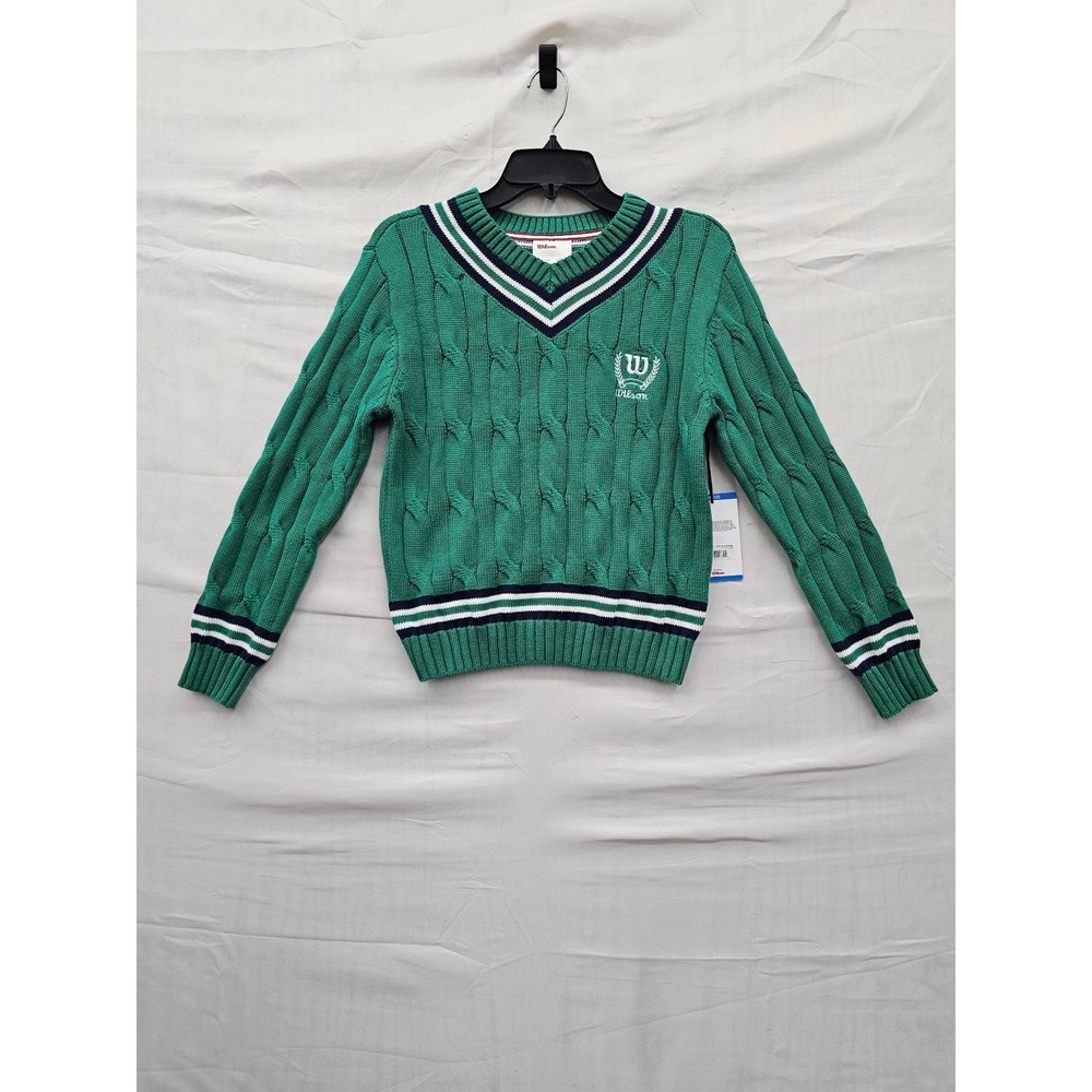 Wilson Girls V-Neck Pullover Sweater Green Cotton Blend Casual Size Large 10/12